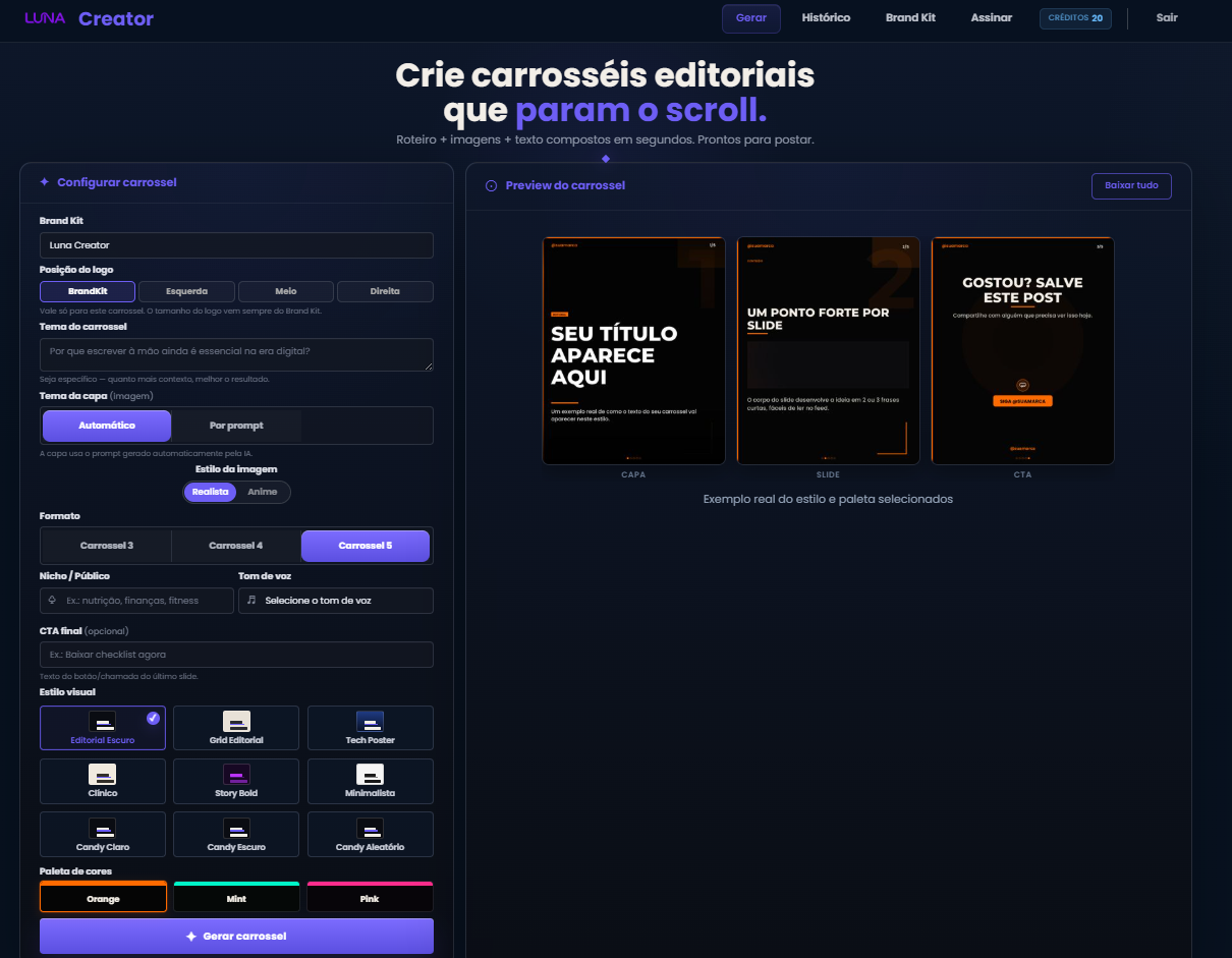Tela de configuração e Brand Kit do Luna Creator