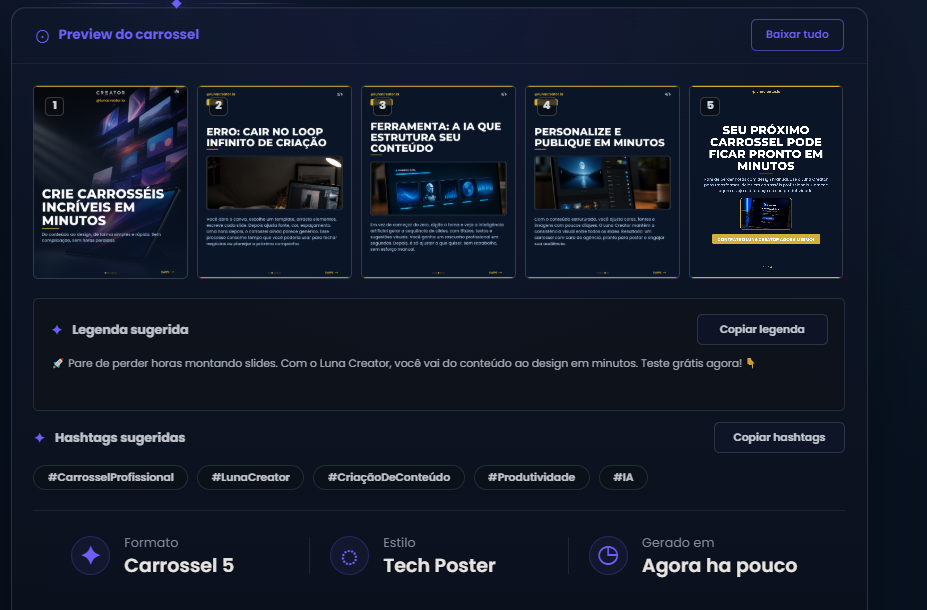 Carrossel final, legenda e hashtags prontos para download